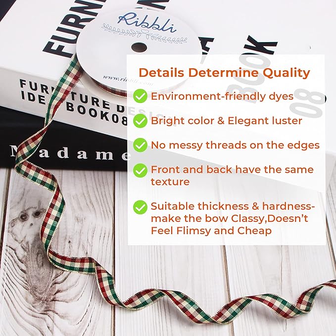 Ribbli Burgundy and Forest Green Gingham Ribbon,100% Polyester Woven Edge,3/8 Inch x 10 Yard,Plaid Ribbon Use for Christmas Gift Wrapping,Party Decoration