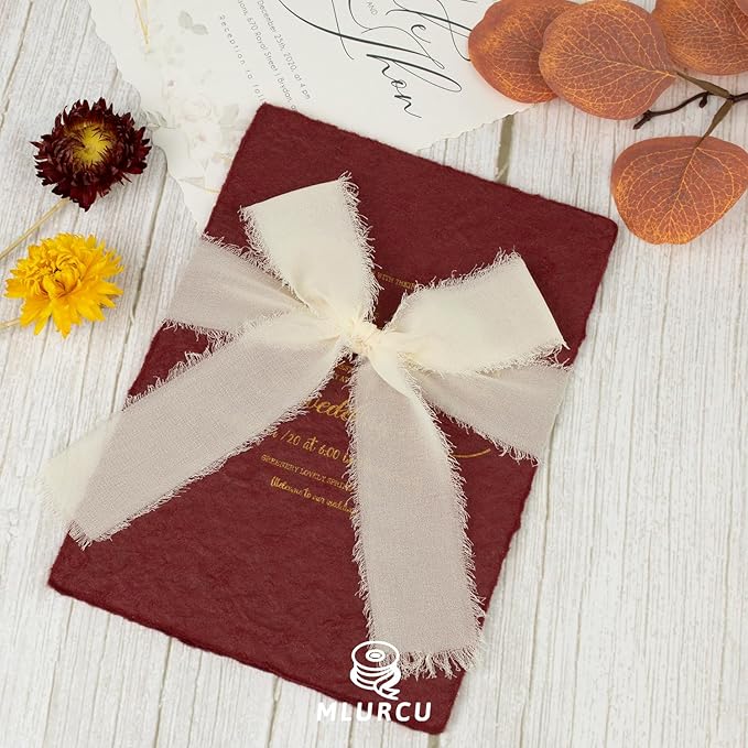 Cream Chiffon Ribbon 1-1/2 Inch x 21 Yards Handmade Fringe, Silk, Boho Frayed Ribbon - Cream for Gift Wrapping, Wedding Invitations, Bridal Flower Bouquets