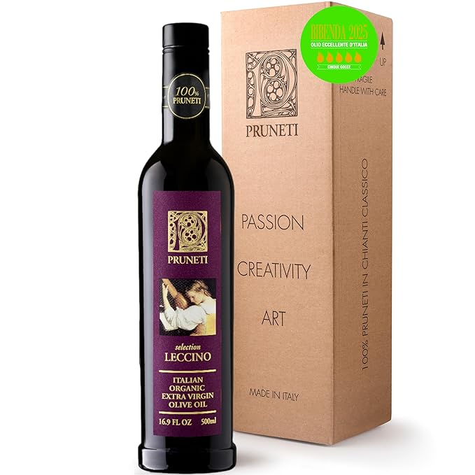 Pruneti Leccino Organic Extra Virgin Olive Oil from Tuscany – 2025 Gold Award Winning Italian Olive Oil from Italy – 400+ mg/kg Polyphenols evoo