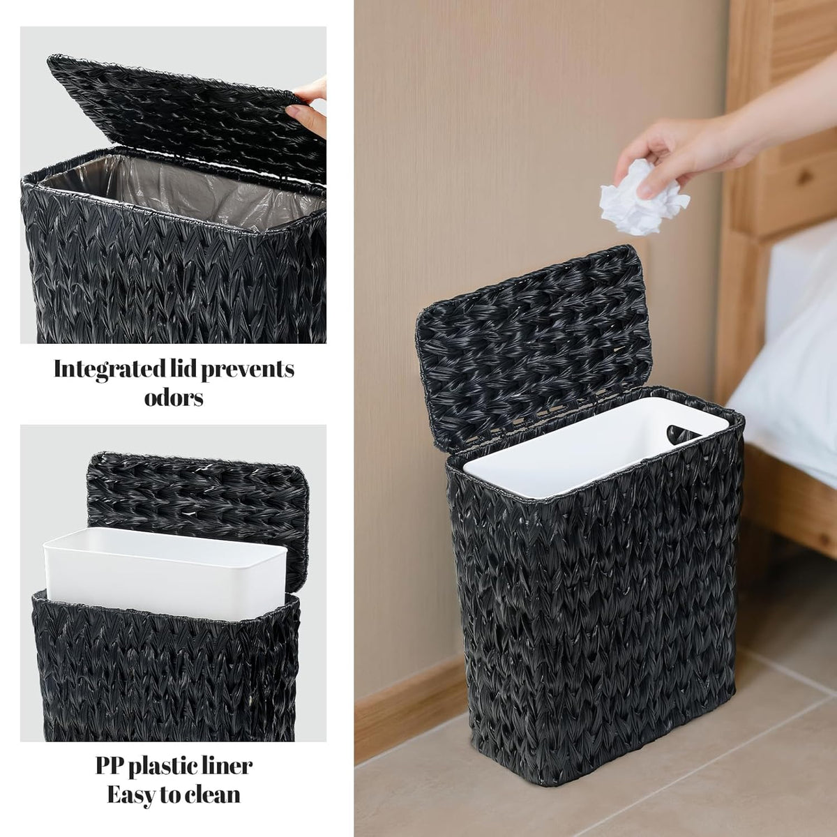 Black Wicker Trash Can with Lid and Liner,Waterproof Narrow Waste Basket for Bathroom,Bedroom,Office,3 Gallon