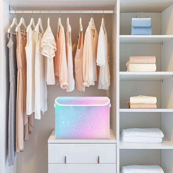 Large Collapsible Storage Bins with Lids, Unicorn Background with Rainbow Storage Baskets Organizer Containers with Handles for Clothes