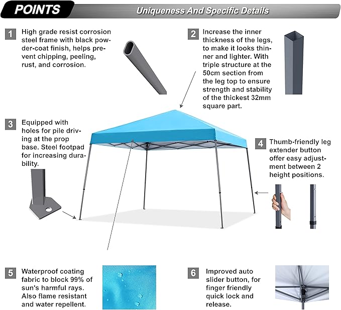 ABCCANOPY Stable Pop up Outdoor Canopy Tent 10 x 10 ft Base / 8 x 8 ft Top, Sky Blue