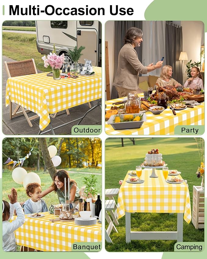 Smiry 20 Packs Gingham Disposable Table Cloth, 54 x 108 Inch Waterproof Plastic Tablecloth, Rectangle Yellow and White Checkered Table Covers for Picnic, Birthday, Party