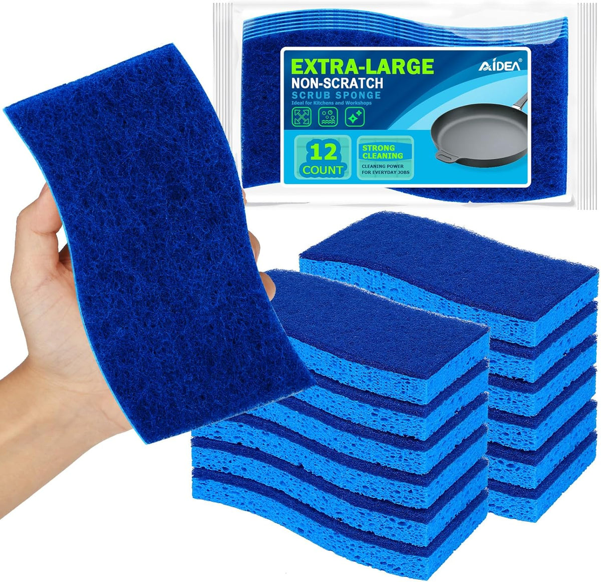 AIDEA XL Scrub Sponges Non-Scratch 12Count, Extra Large Sponges Kitchen, Sponge for Dishes, Cleans Fast Without Scratching Safe for Non-Stick Cookware, Cleaning Power for Kitchen, House