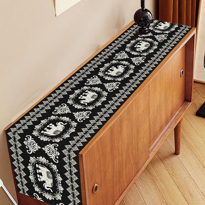Boho Elephant Table Runner, Rustic Black African Tribe Animal Damask Diwali India Mandala Art Print Coffee Table Center Decor for Home Kitchen Holiday Party Outdoor Table Decorations, 13"x90"