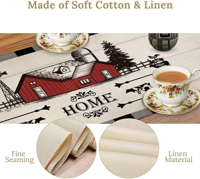 Rooster Table Runners, Black White Buffalo Plaid Rustic Cow Farm Animal Table Runner for Wedding Coffee Dining Table Party Home Farmhouse 13x120in