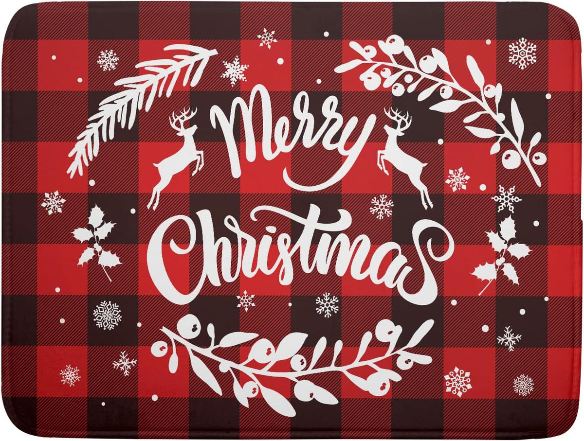 Merry Christmas Dish Drying Mat 18x24 Inch for Christmas Kitchen Counter Decor Absorbent Reversible Microfiber Red Buffalo Check Plaid Dishes Pad