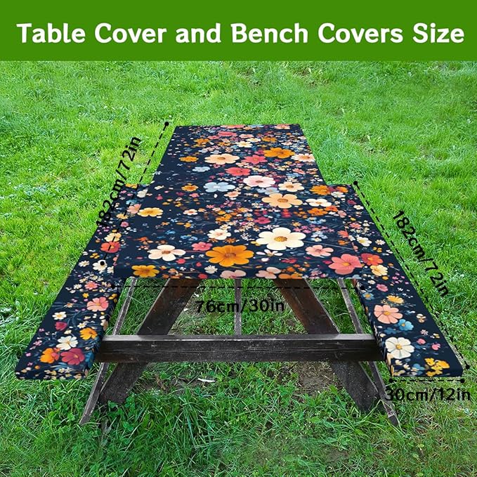 French Flowers Picnic Table Cover with Bench Covers and Carrying Bag, Vintage Berry Garden Rectangle Table Cover Outdoor Patio Camping Essentials 72 inch 4PCS Camping Fitted Tablecloth