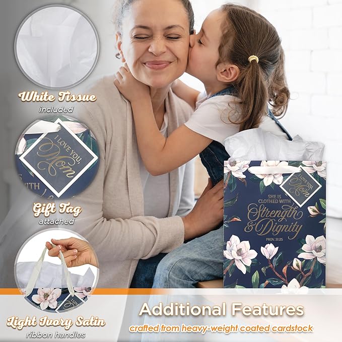 Christian Art Gifts Large Portrait Inspirational Scripture Women's Gift Bag, Tag & Wrapping Tissue Paper Set: Strength & Dignity Bible Verse for Moms, Cute Navy Blue Floral/Gold, Satin Ribbon Handles
