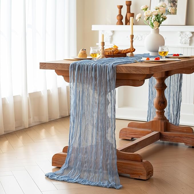 FEXIA 10 Pack Dusty Blue Gauz Table Runner 35x120 Inches Gauze Table Runner for Bridal Shower Wedding Party First Communion Centerpiece Engagement Boho Table Decoration (Dusty Blue)