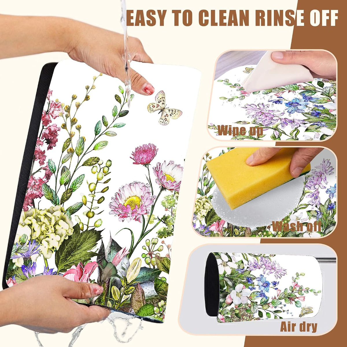 Watercolor Flower and Butterfly Dish Drying Mat for Kitchen Counter Absorbent Coffee Mat with Hide Stain Rubber Backed Espresso Machine Coffee Bar Accessories 11.8 x 19.7 Inch