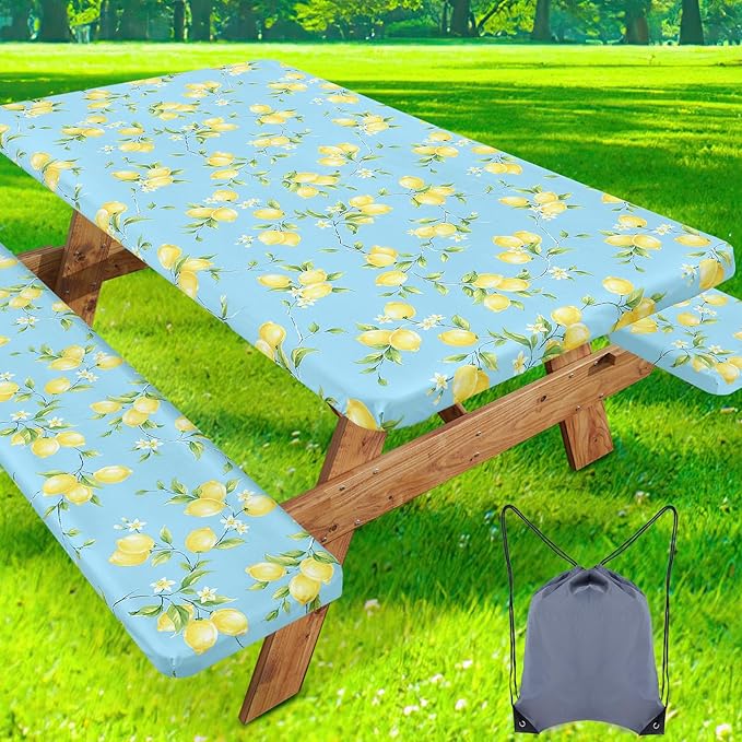 misaya Picnic Table Cover with Bench Cover, Waterproof Elastic Fitted Tablecloth for 5 Foot Tables, Rectangle Washable Polyester Fabric Tablecloths for Picnic, Camping, Outdoor (Lemon, 30" x 60")