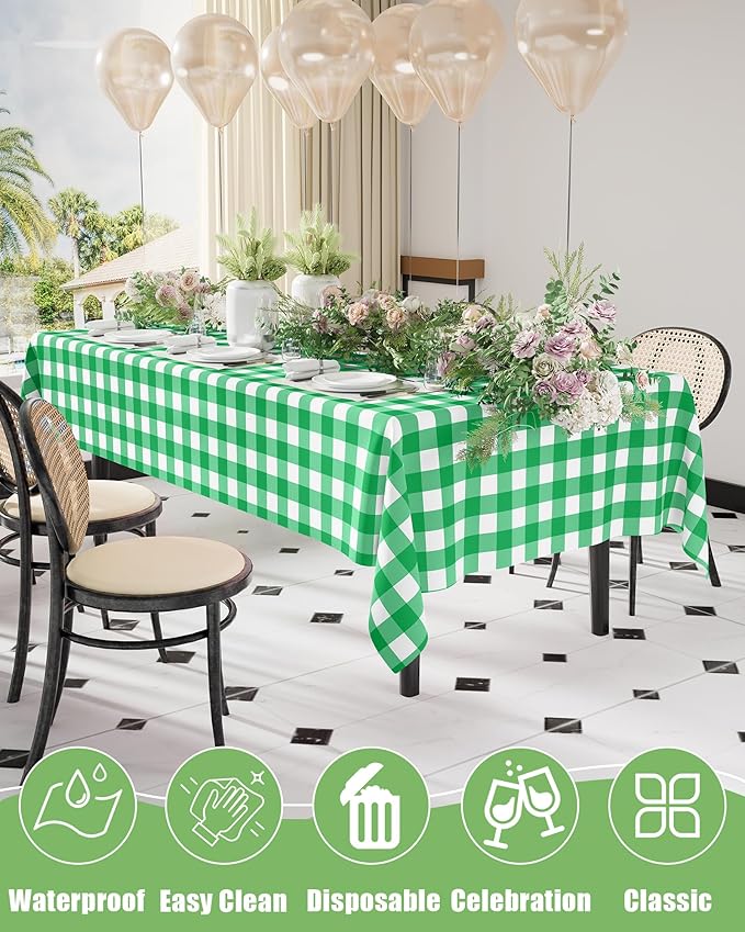 Smiry 20 Packs Gingham Disposable Table Cloth, 54 x 108 Inch Waterproof Plastic Tablecloth, Rectangle Green and White Checkered Table Covers for Picnic, Birthday, Party