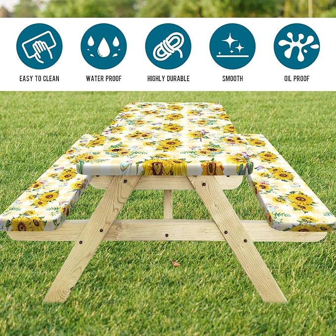 Sunflower Picnic Table Cover with Bench Covers, Yellow Buffalo Plaid Farmhouse Elastic Camping Table Cloth Picnic Party Essentials, Vintage Floral Rectangular Table Cloth Cover