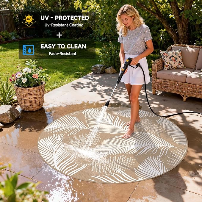 Pauwer Waterproof Outdoor Rug 6ft, Reversible Plastic Straw Patio Camping Rug, Indoor Outdoor RV Mat Carpet for Deck, Camper, Porch, Balcony, Backyard, Picnic, Leaf Brown