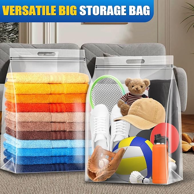 BURVAGY 24 Pack Extra Large Plastic Storage Bags 10 Gallons 24"x20"x7" Zero BPA Double Zipper Seal 4 Mils Thick Double Layer Carry Handle Resealable Moving Seasonal Travel Clothes