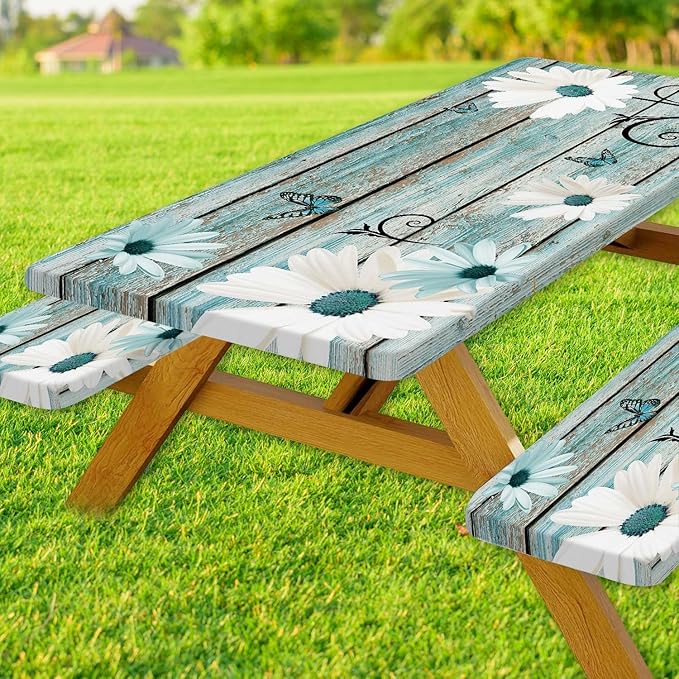 Rustic Daisy Picnic Table Cover with Bench Covers, Waterproof Farmhouse Vintage Floral on Wooden Board Teal Sunflowers Tablecloth for Camping Indoor Outdoor Party Decorations, 30X96in