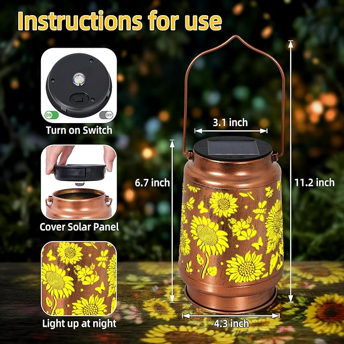Solar Lantern Outdoor Waterproof, Gifts for Women Mom Grandma, Hanging Metal Light Sunflower Garden Decor for Yard Patio Lawn