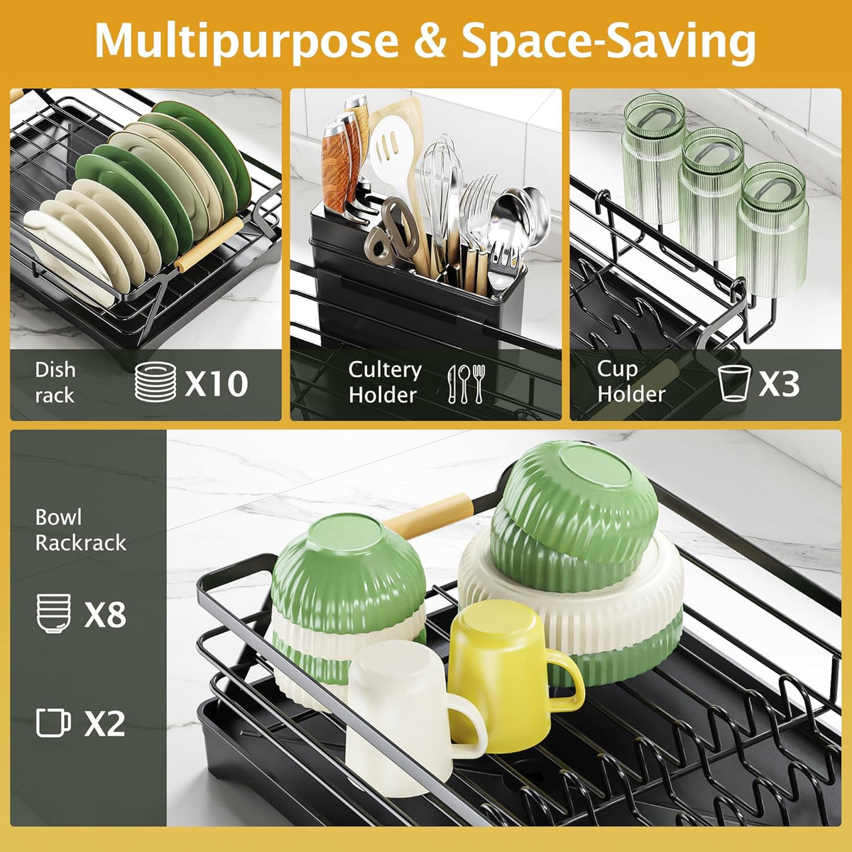 Epicano Dish Drying Rack for Kitchen Counter,Space-Saving Dish Rack,Rustproof Dish Drainer with Utensil Holder and Knife Slots for Sink
