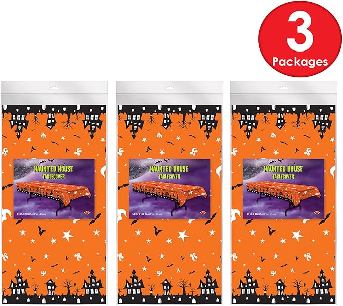Beistle Haunted House Tablecovers, 54” x 108”, 3 Pieces – Plastic Table Cloth, Rectangular Tablecloth, Halloween Tablecloth, Holiday Tablecloth, Halloween Plastic Tablecloth, Halloween Decorations