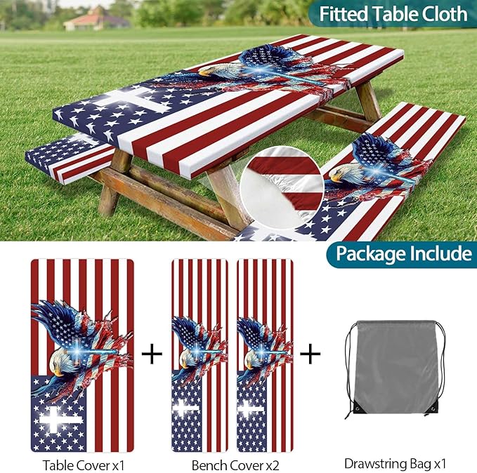 American Flag Picnic Table Cover with Bench Covers, USA Flag Art Eagle Camping Essentials Waterproof Table Cloth Fitted for Table Rectangle and Seats,Outdoor Table Covers with Elastic Windproof Edges