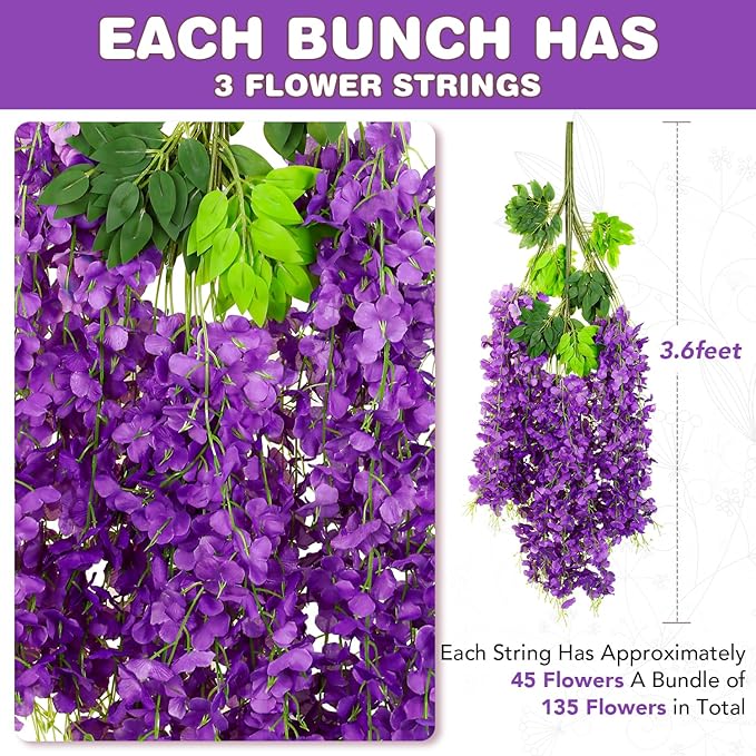 Alotiki Wisteria Hanging Flowers,Fake Hanging Flowers,Wisteria artificiales Garland for Home Wedding Arch Floral Party Garden Ceremony Outdoor Decor,3.6 feet Long(25,Purple)