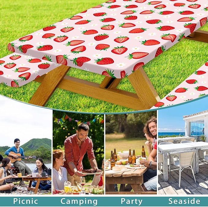 Strawberry Picnic Table Cover with Bench Covers and Bag, Camping Essentials, Berry Waterproof Windproof, Fitted Tablecloth Cover with Elastic Edge for Outdoor Garden 3 PCS 30x60 Inch