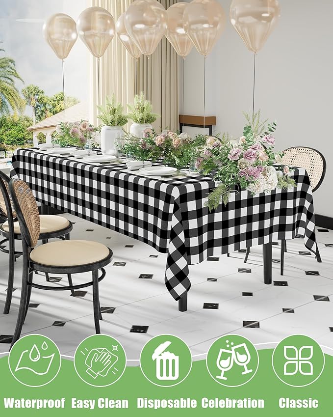 Smiry 8 Packs Gingham Disposable Table Cloth, 54 x 108 Inch Waterproof Plastic Tablecloth, Rectangle Black and White Checkered Table Covers for Picnic, Birthday, Party