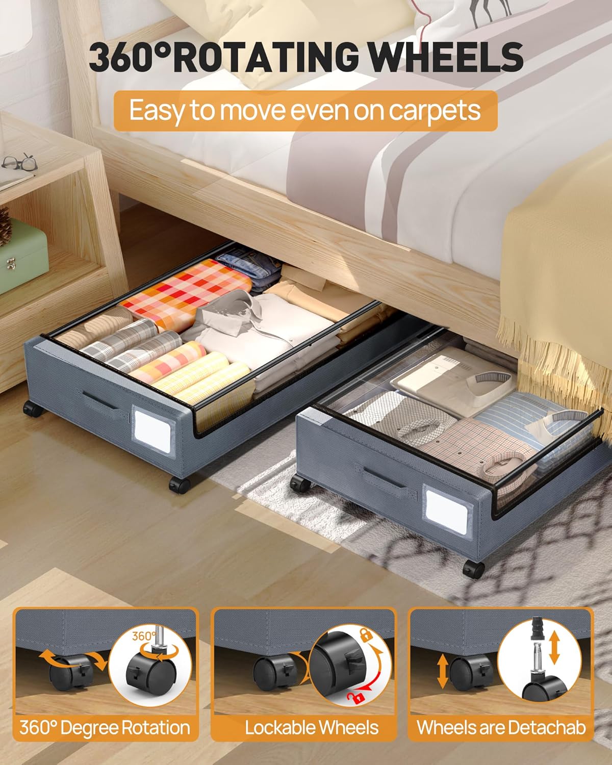 Under Bed Storage with Wheels, Square Under Bed Storage Containers, 4 Pack Under The Bed Storage Bins, Under Organizer with Clear Lids-60L Rolling Underbed Storage For Clothes, Shoes...