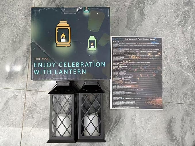 Solar Lanterns Outdoor Waterproof, Flickering Candles Hanging Solar Lights for Outside Garden Patio Wall Porch Decorative, Lamp with Upgraded Solar Panel, Tempered Glass & Clip, Black 2 Pack