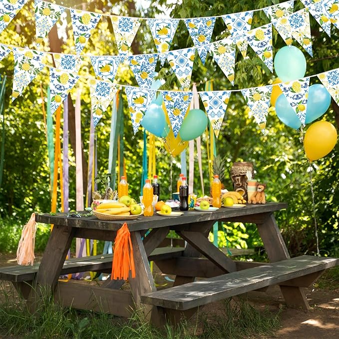 6 Pack Blue Tiles Lemon Party Banner Capri Lemon Pennant Banner Pre-Strung Summer Lemonade Triangle Flag Bunting Garland for Wedding Birthday Bridal Shower Bachelorette Party Decorations