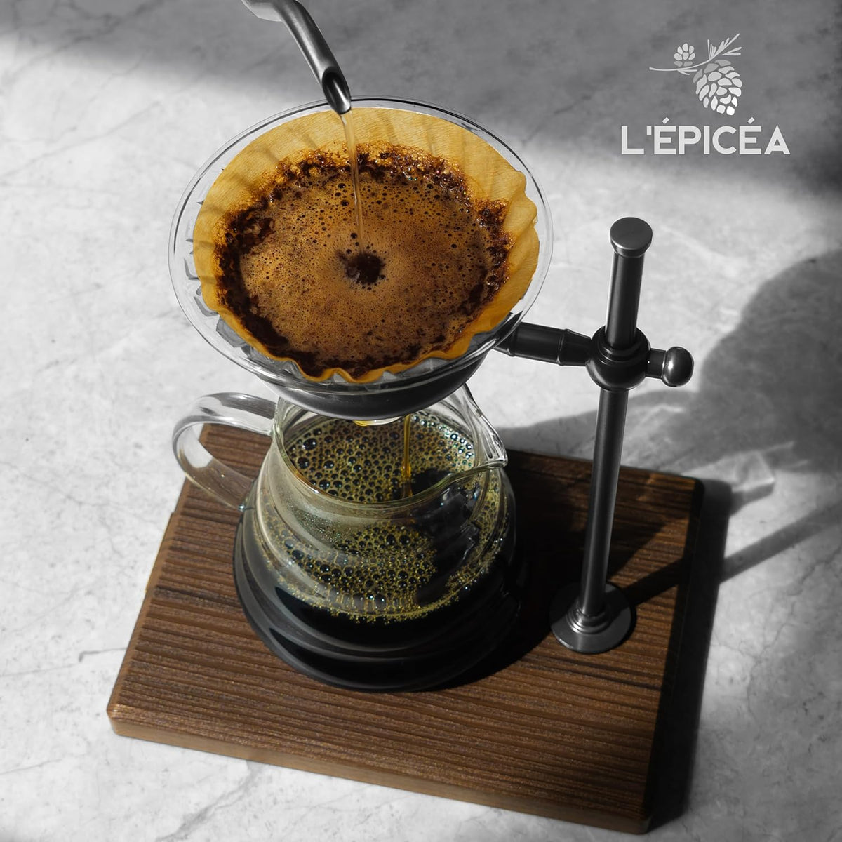 L'ÉPICÉA Pour Over Coffee Maker Set, Pour Over Coffee Maker with Stand, Adjustable Stainless Steel Stand, Wooden Base, Paper Filters