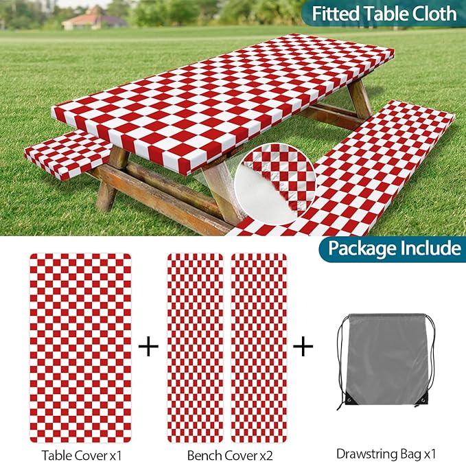 Picnic Table Cover with Bench Covers and Bag, Red and White Checkered Gingham Buffalo Plaid Camping Tablecloth Waterproof Windproof Elastic Edges Fitted Tablecloths for Outdoor Garden 3PCS 30x60 Inch