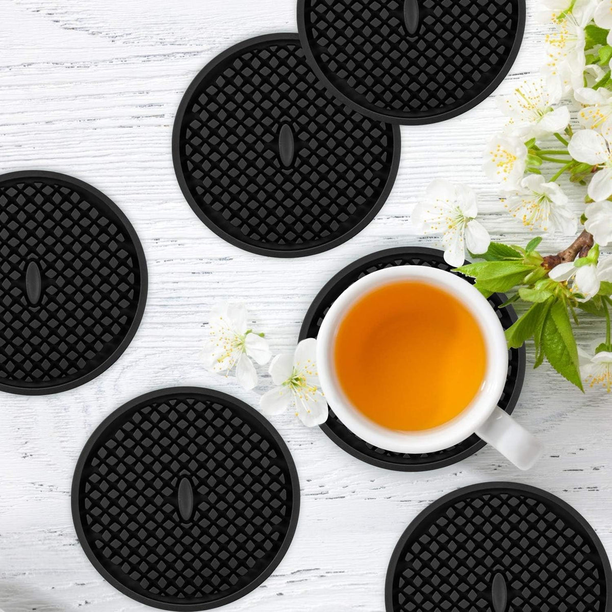 ME.FAN Silicone Coasters [6 Pack] Thickened Drink Coasters with Holder - Cup Mat - Non-Slip, Non-stick, Stay Put, Deep Tray