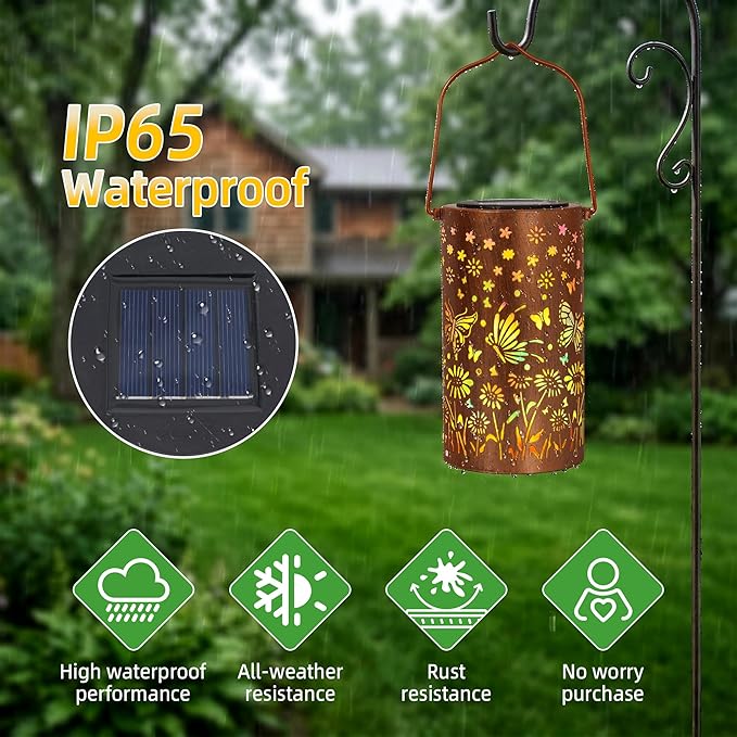 Solar Lantern Outdoor Waterproof, Gifts for Women Mom Grandma, Hanging Metal Light Colorful Butterfly Garden Decor for Yard Patio Lawn