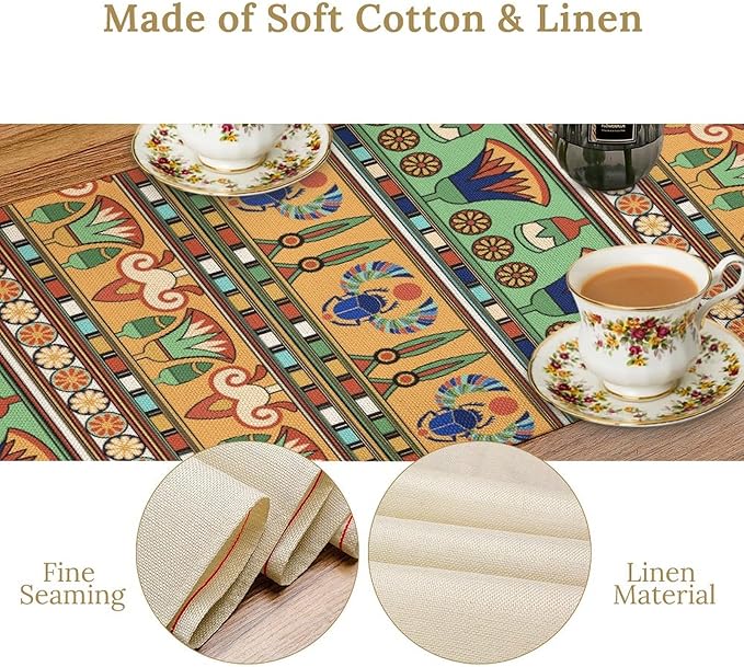 Egyptian Print Table Runner, Egyptian Ornament Scarab Flower Abstract Design Table Runner for Dining Kitchen Party Outdoor Holiday 13x36in