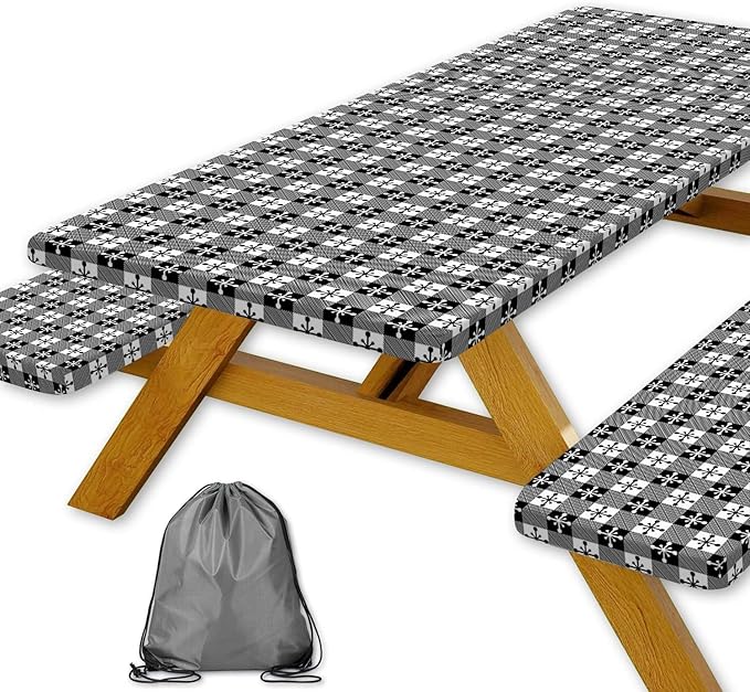 Picnic Table Cover with Bench Covers and Bag, Camping Essentials, Buffalo Plaid Waterproof and Windproof, Fitted Tablecloth Cover with Elastic Edge, for Outdoor, 3 PCS, (Black & White, 30"x60")