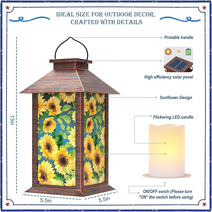 Sunflower Solar Lanterns Outdoor Waterproof, Decorative Solar Lantern with Flickering LED Candle, 13 Inch Hanging Garden Lantern for Porch Patio Yard Decor, Gifts for Women Mom Grandma, 1 Pack