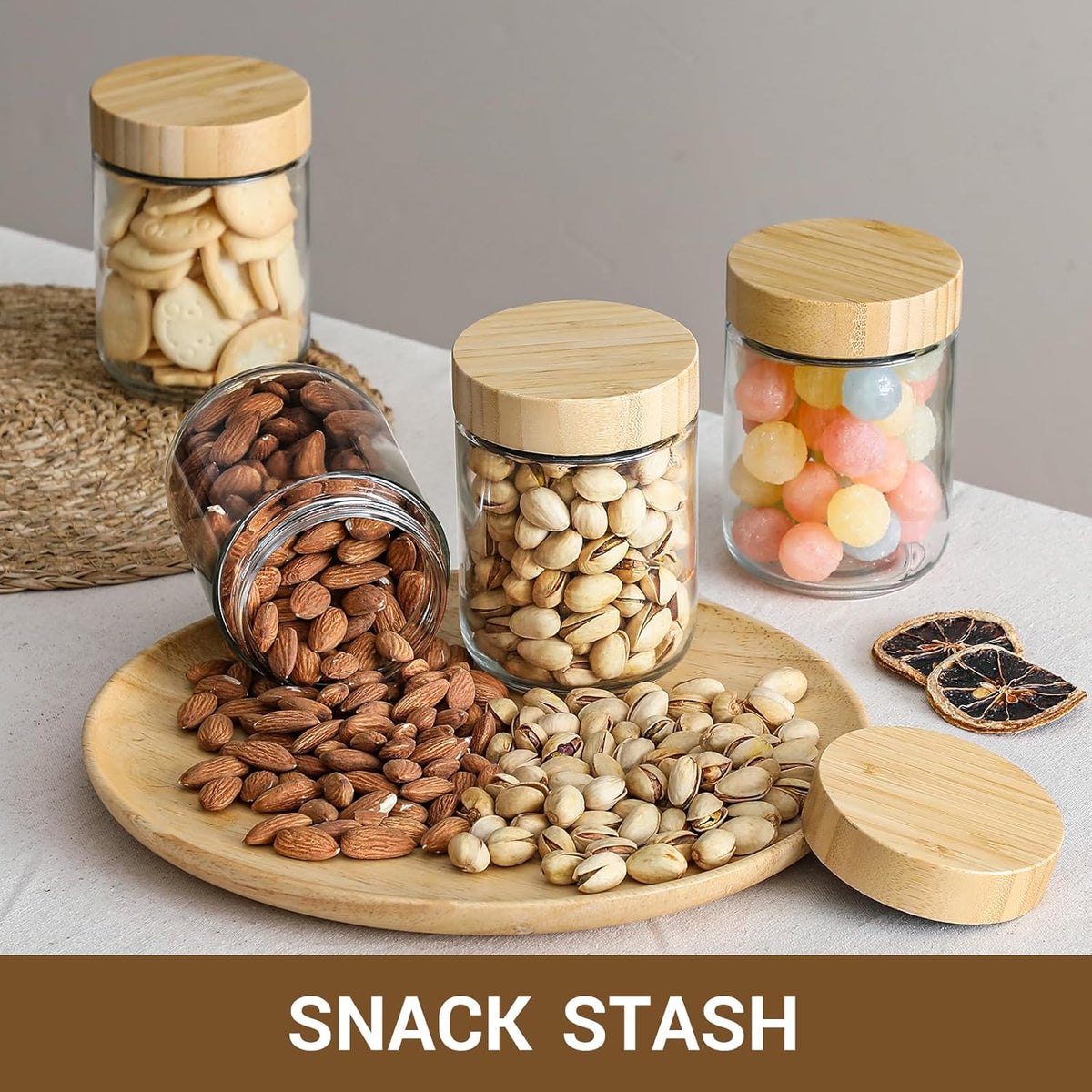 Netany 6-pack 16oz Glass jars with Airtight Lids, Overnight Oats Containers with Bamboo Lids, Wide mouth Mason Salad jars