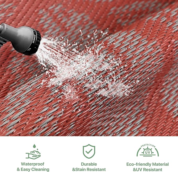GENIMO Outdoor Rug Waterproof for Patio Decor, 5' x 8' Reversible Plastic Straw Floral Camping Carpet, Large Area Rugs Mats for RV, Camper, Deck, Balcony, Porch, Beach, Picnic, Red & Grey