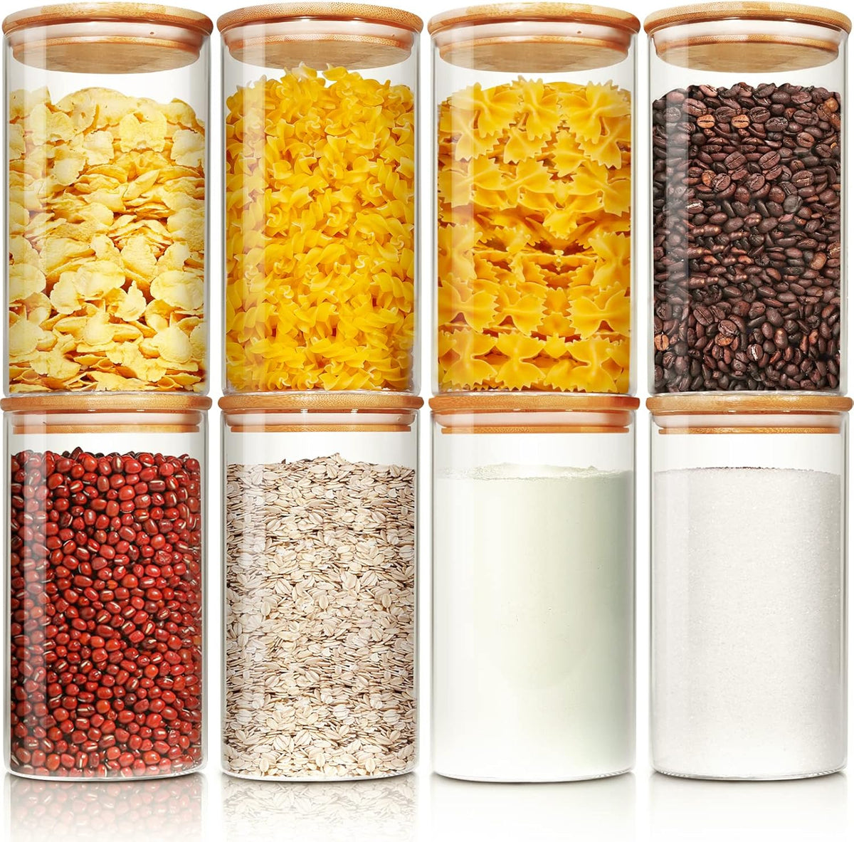Glass Jars with Bamboo Lids 28 floz [Set of 8], Glass Canisters with Airtight Lids, Glass Food Storage Containers for Pasta, Oats, Coffee, Flour