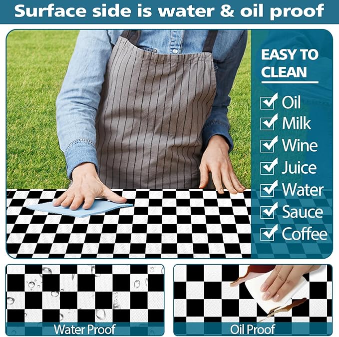 Picnic Table Cover with Bench Covers and Bag, Black and White Checkered Buffalo Plaid Camping Tablecloth Waterproof Windproof Elastic Edges Fitted Gingham Tablecloth for Outdoor Garden 3PCS 30x72 Inch