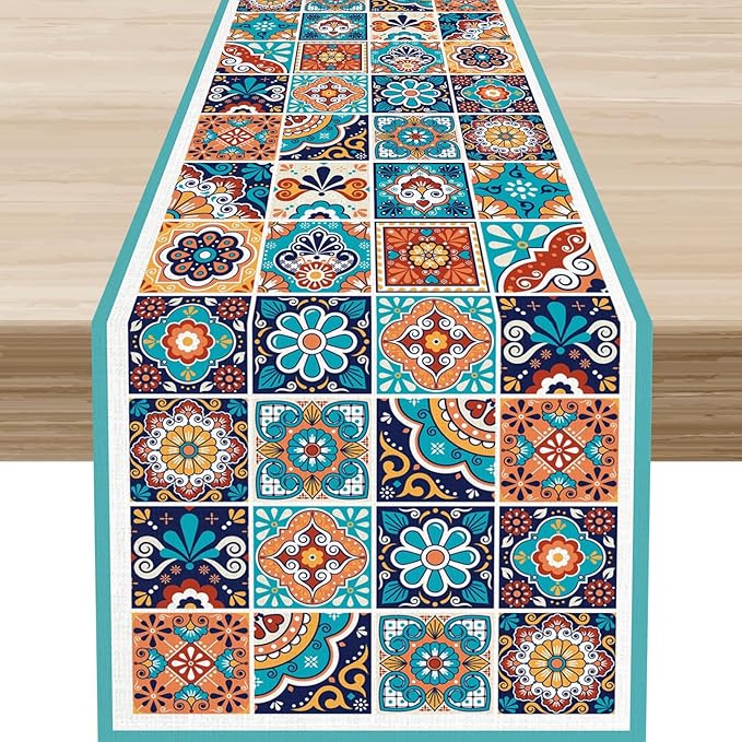 Mexican Table Runner, Blue Rustic Mexico Talavera Ceramic Hand Painted Tiles Cinco De Mayo Coffee Table Center Decor for Family Kitchen and Dining Patio Indoor Outdoor Table Decorations, 13" X 36"
