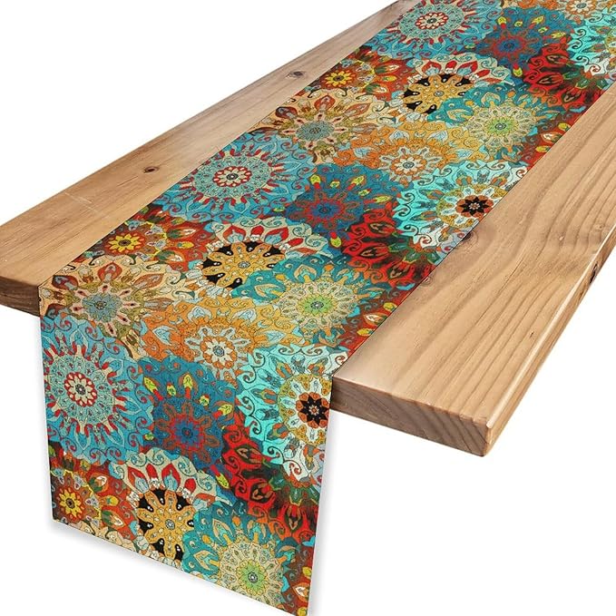 Bohemian Mandala Table Runner, Vintage Colorful Boho Geometric Floral Flower Antique Paisley Rustic Coffee Table Center Decor for Family Kitchen and Living Room Outdoor Table Decorations, 13"x108"