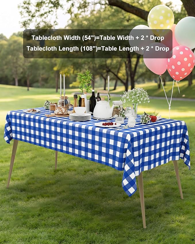 Smiry 12 Packs Gingham Disposable Table Cloth, 54 x 108 Inch Waterproof Plastic Tablecloth, Rectangle Blue and White Checkered Table Covers for Picnic, Birthday, Party