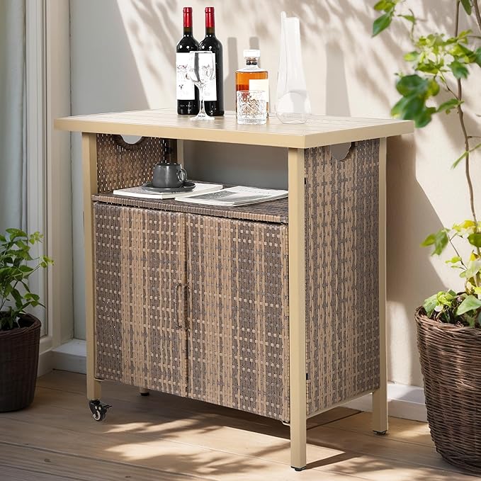 Outdoor Indoor Storage Cabinet with Rolling Wheels, Patio Serving Cart with Bar Table and Wicker Cabinet, Kitchen Island Prep Table, Beige