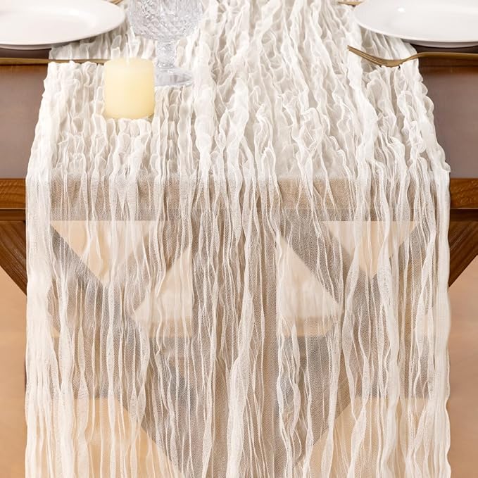 Socomi Ivory Cheesecloth Table Runner Tulle Gauze Cheese clothBoho Rustic 120 inch 10FT Runner for Wedding Party Baby Shower Birthday Holiday Decorations 1pc