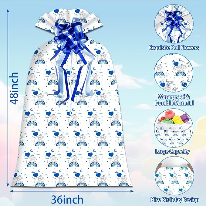 2 Pcs Large Gift Bags Jumbo Gift Bags Little Elephant Gift Bag for Giant Gift, 48"x 36" Oversized Extra Large Plastic Storage Bag with 2 Pcs Pull Bows for Huge Birthday Presents Baby Shower Child's Gender Reveal Party