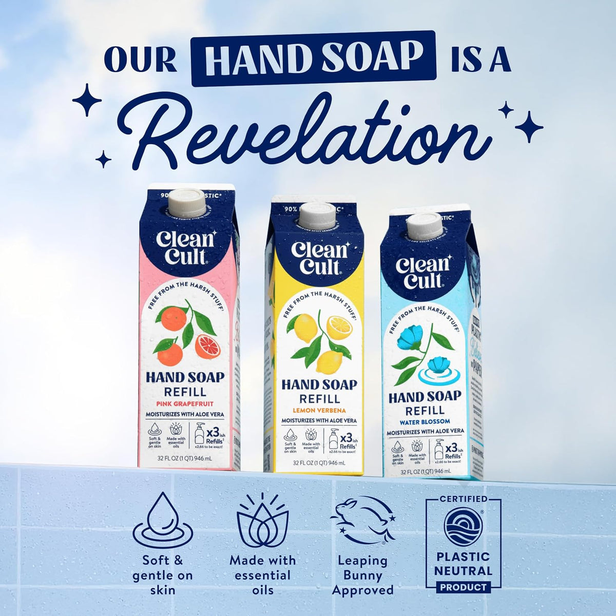 Cleancult Liquid Hand Soap Refill - Pink Grapefruit- Moisturizes Dry & Sensitive Skin - Made with Aloe Vera & Essential Oils - Eco Friendly - Paper-Based Packaging - 32 oz/1 Pack