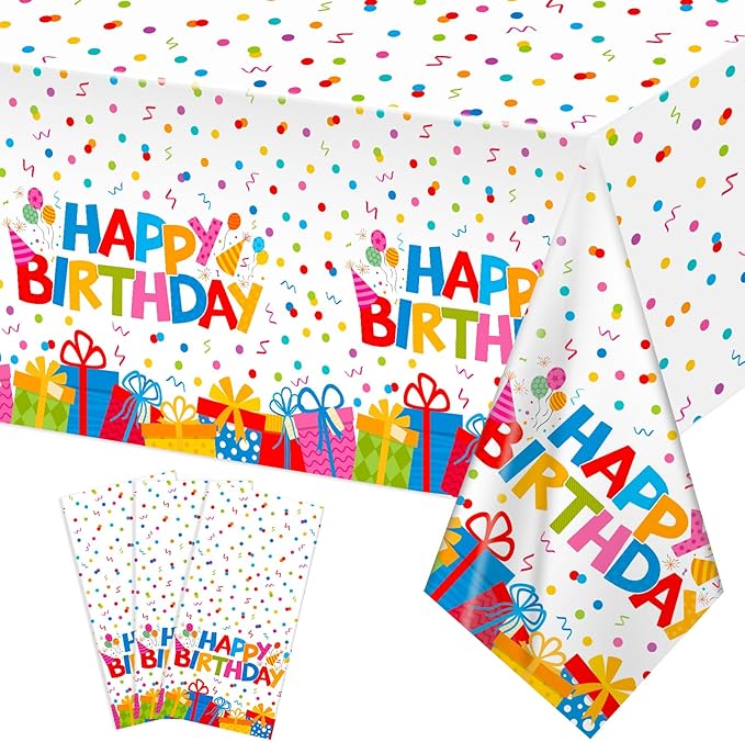 NatNarr 3 Pack Plastic Birthday Tablecloth, 54 x 108 Inch Disposable PE Happy Birthday Tablecloth Waterproof Rectangle Birthdays Party Table Cover for Birthdays Party Decorations